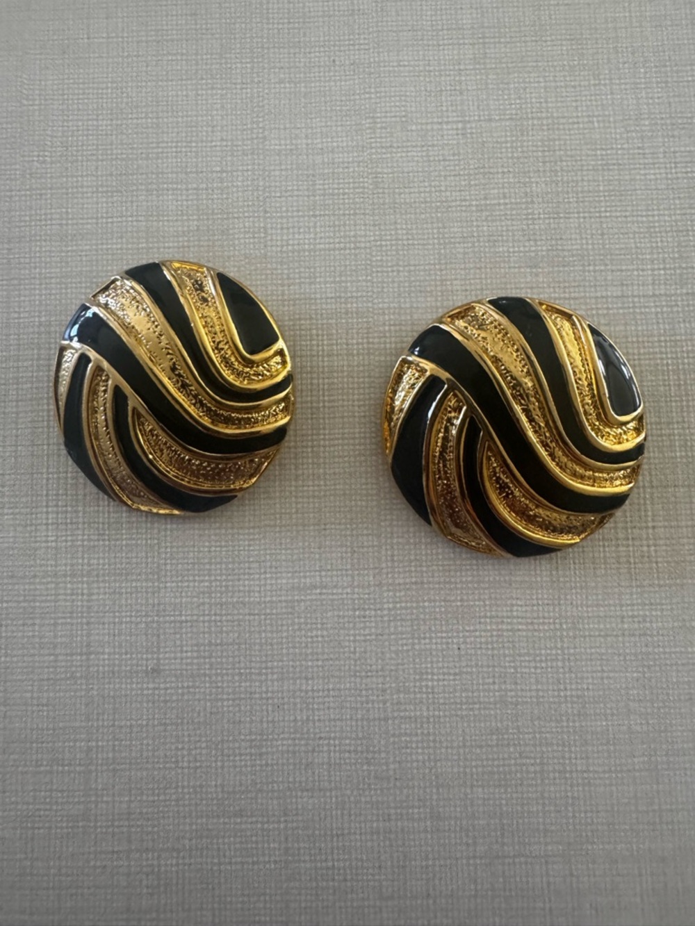 Vintage signed Bluette Gold and Black Swirl Clip-On Earrings. Made in France